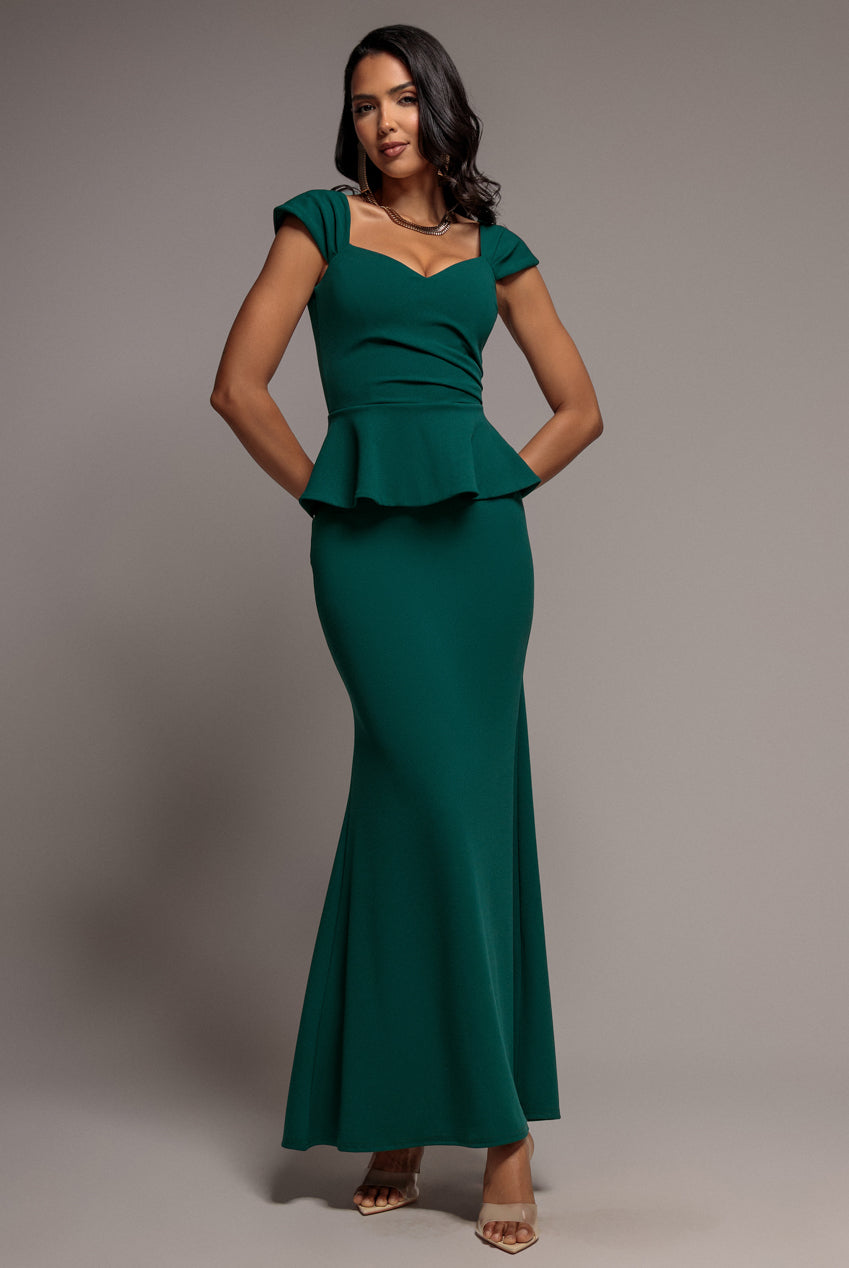 Cap Sleeve Sweetheart Peplum Scuba Maxi Dress - Emerald Green DR5302
