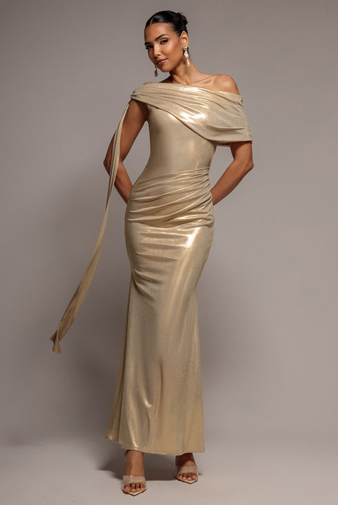 Sash One Shoulder Bardot Foil Maxi Dress - Gold by Goddiva