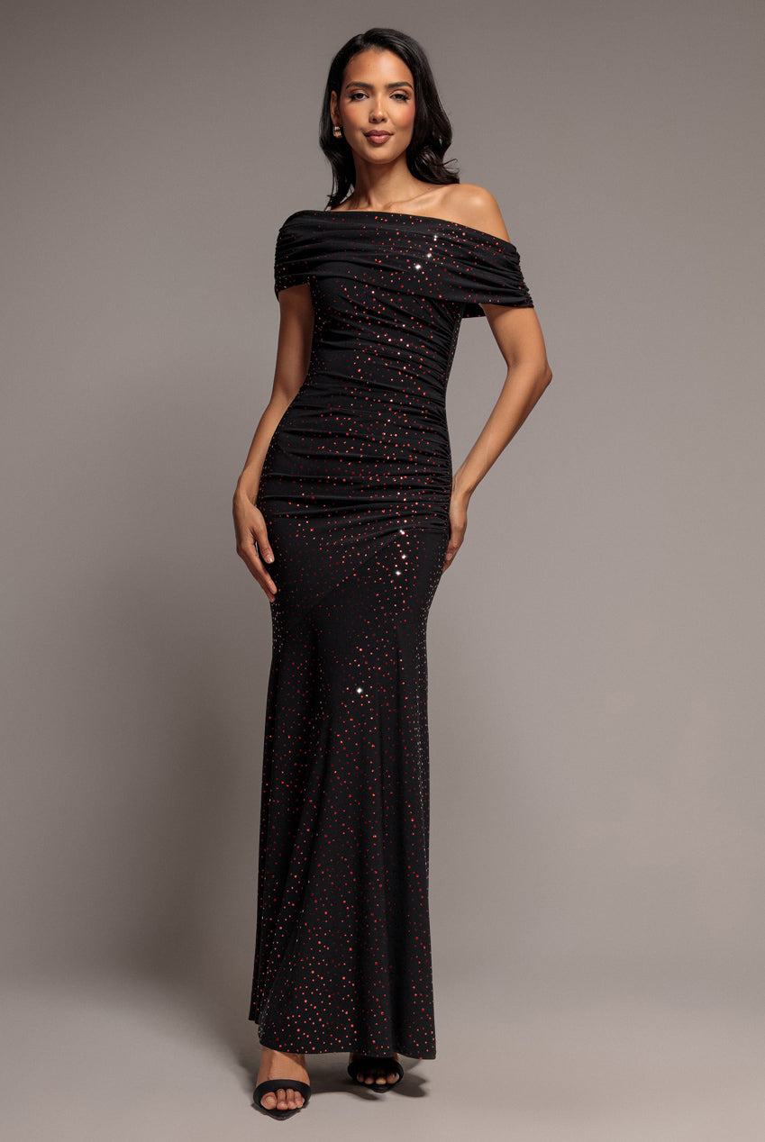 One Shoulder Fit And Flare Sequin Maxi Dress - Black Red DR5324