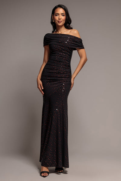 Blackred - One Shoulder Fit And Flare Sequin Maxi Dress - Black Red by Goddiva