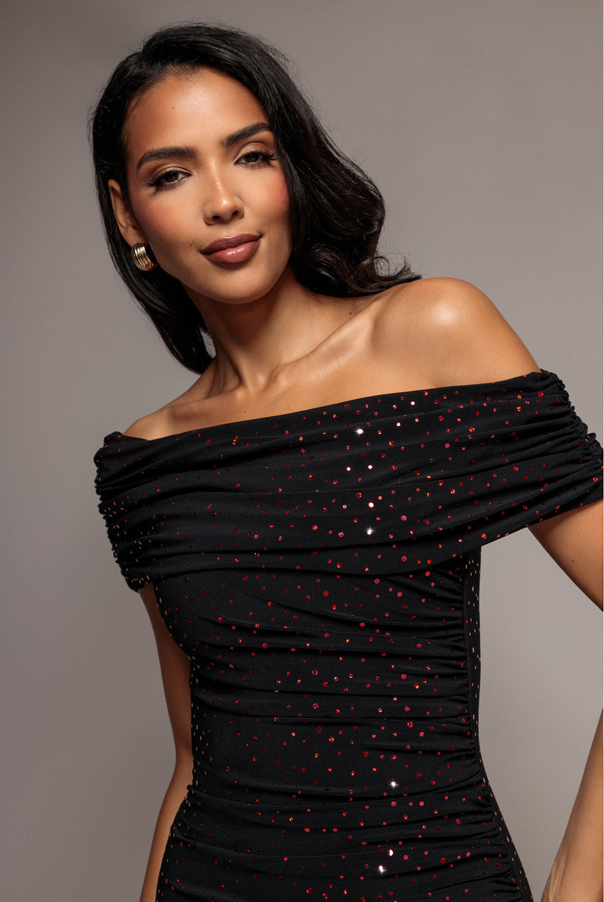 One Shoulder Fit And Flare Sequin Maxi Dress - Black Red DR5324