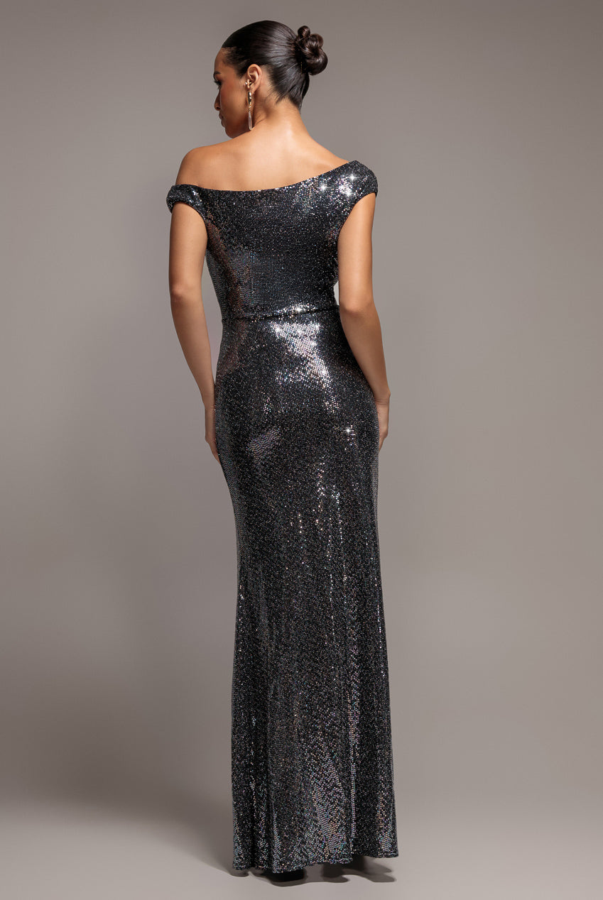 Asymmetric One Shoulder Front Split Sequin Maxi Dress - Black Multi DR5331