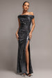Asymmetric One Shoulder Front Split Sequin Maxi Dress - Black Multi by Goddiva