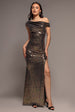 Asymmetric One Shoulder Front Split Sequin Maxi Dress - Gold Multi by Goddiva