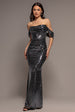 Sequin Lurex Off Shoulder Cowl Bardot Maxi Dress - Black Multi by Goddiva
