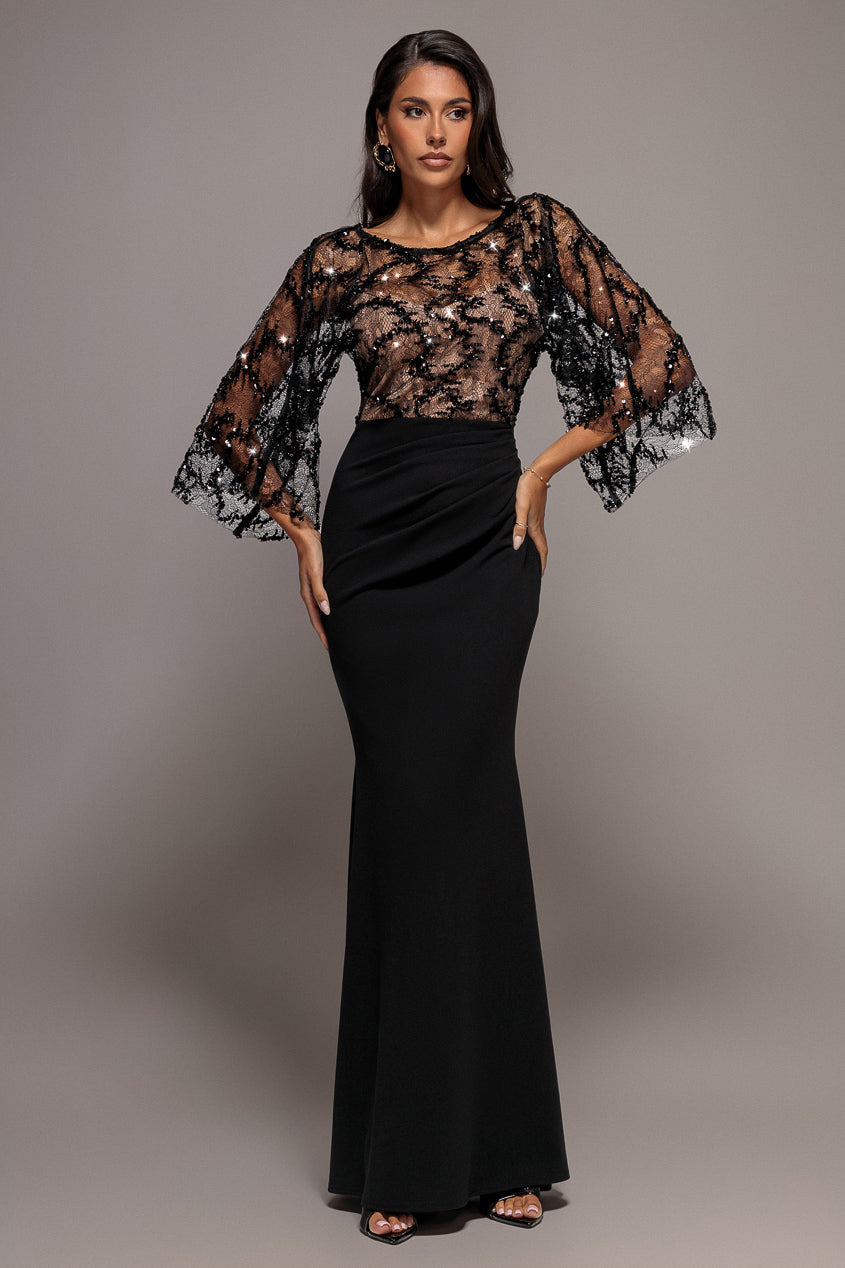 Kimono Sleeve Lace-Scuba Crepe Mermaid Maxi Dress - Black DR5350