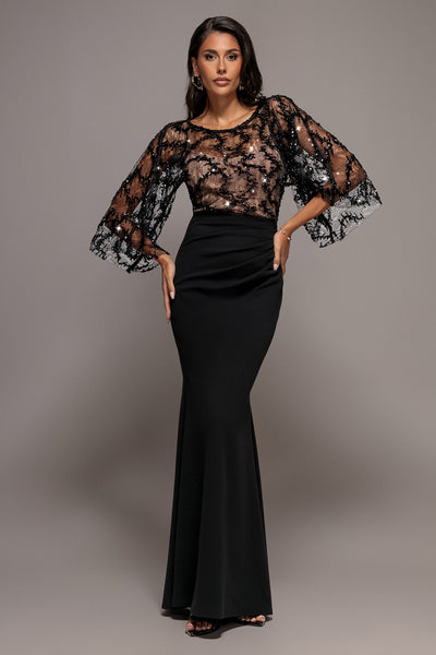 Black - Kimono Sleeve Lace-Scuba Crepe Mermaid Maxi Dress - Black by Goddiva