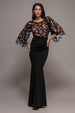 Kimono Sleeve Lace-Scuba Crepe Mermaid Maxi Dress - Black by Goddiva