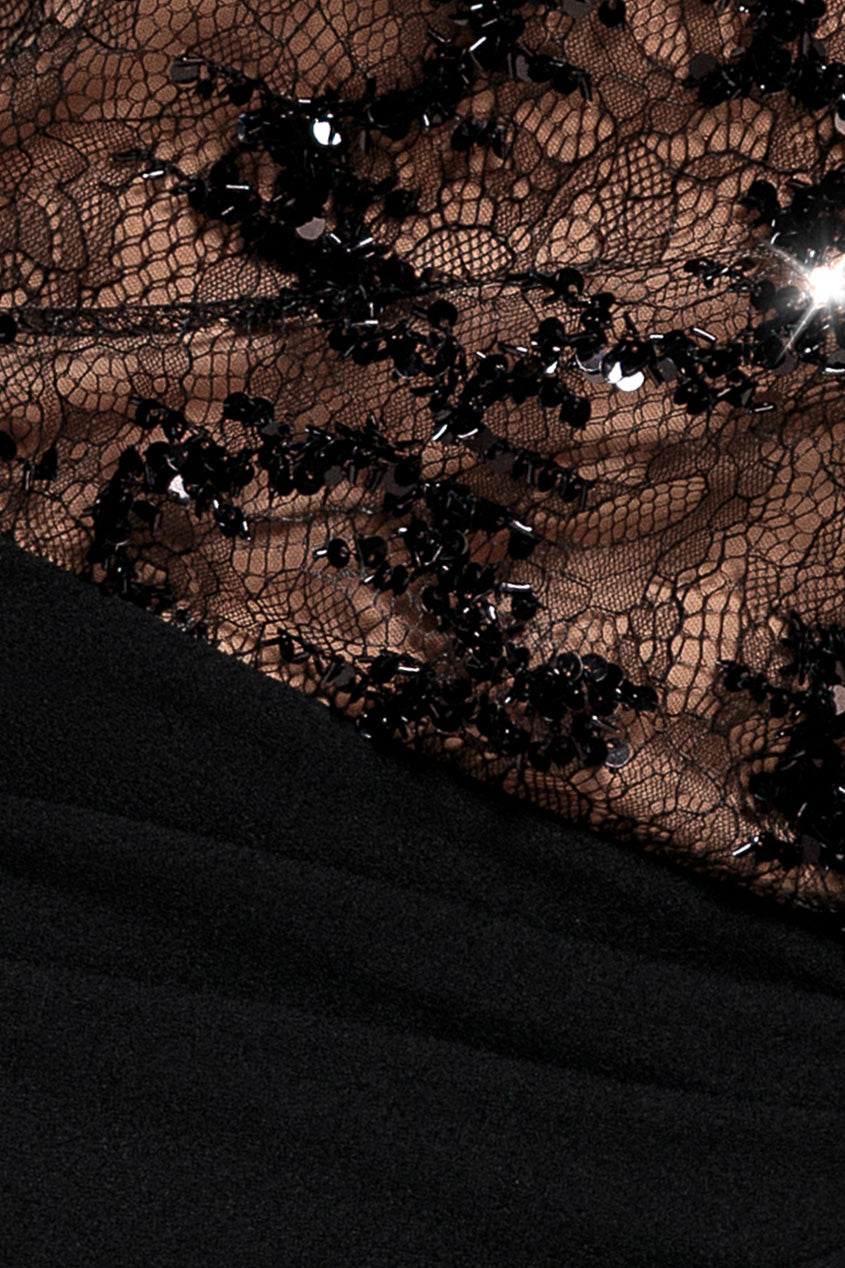 Kimono Sleeve Lace-Scuba Crepe Mermaid Maxi Dress - Black DR5350