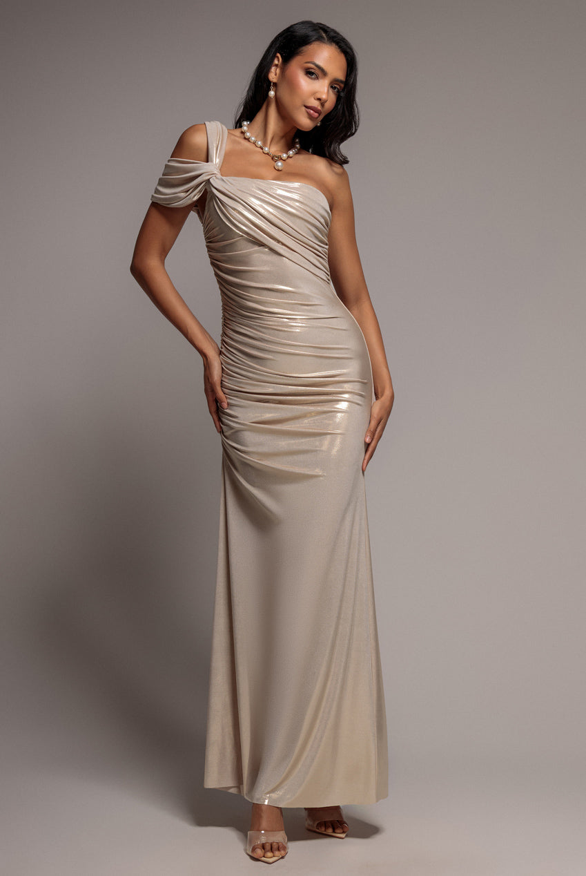 One Shoulder Asymmetric Twist Foil Maxi Dress - Gold DR5351