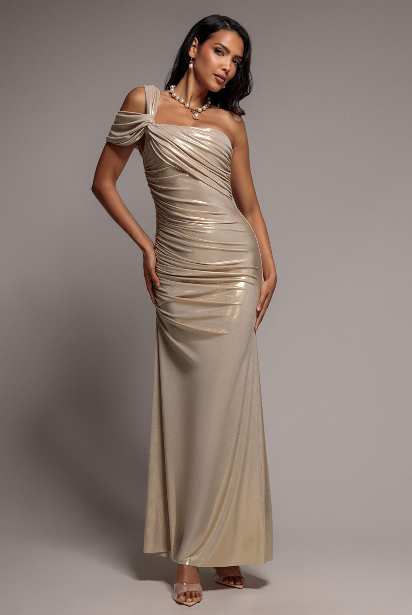 One Shoulder Asymmetric Twist Foil Maxi Dress - Gold DR5351