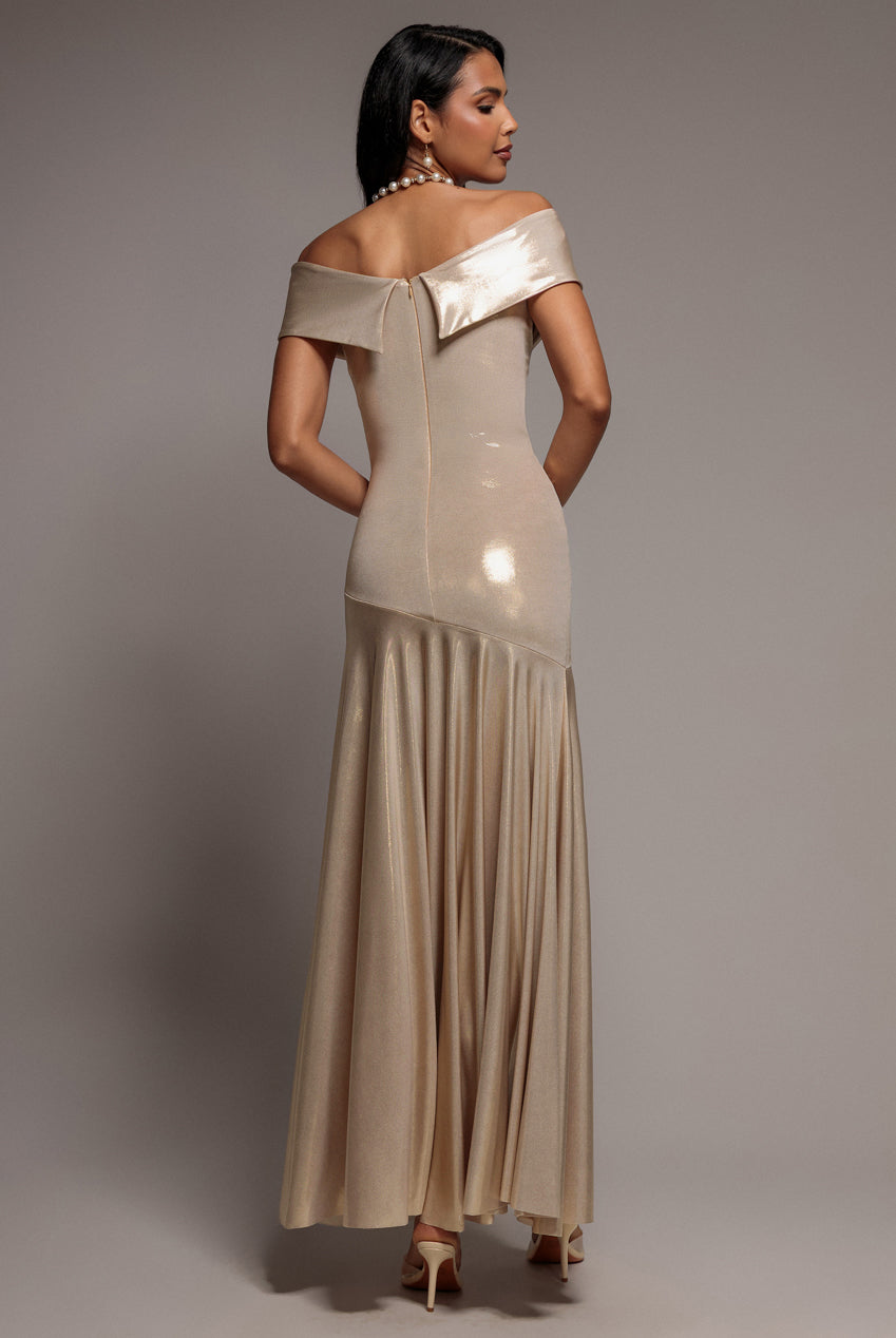 Off Shoulder Bardot Pleated Foil Maxi Dress - Gold DR5353
