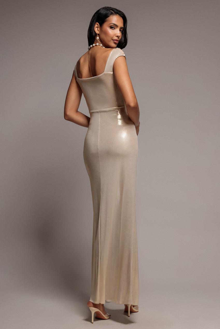 Off The Shoulder Corset Wrap Corset Foil Maxi Dress - Gold DR5364