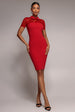 Lace Detail Bodycon Collar Midi Dress - Red by Goddiva