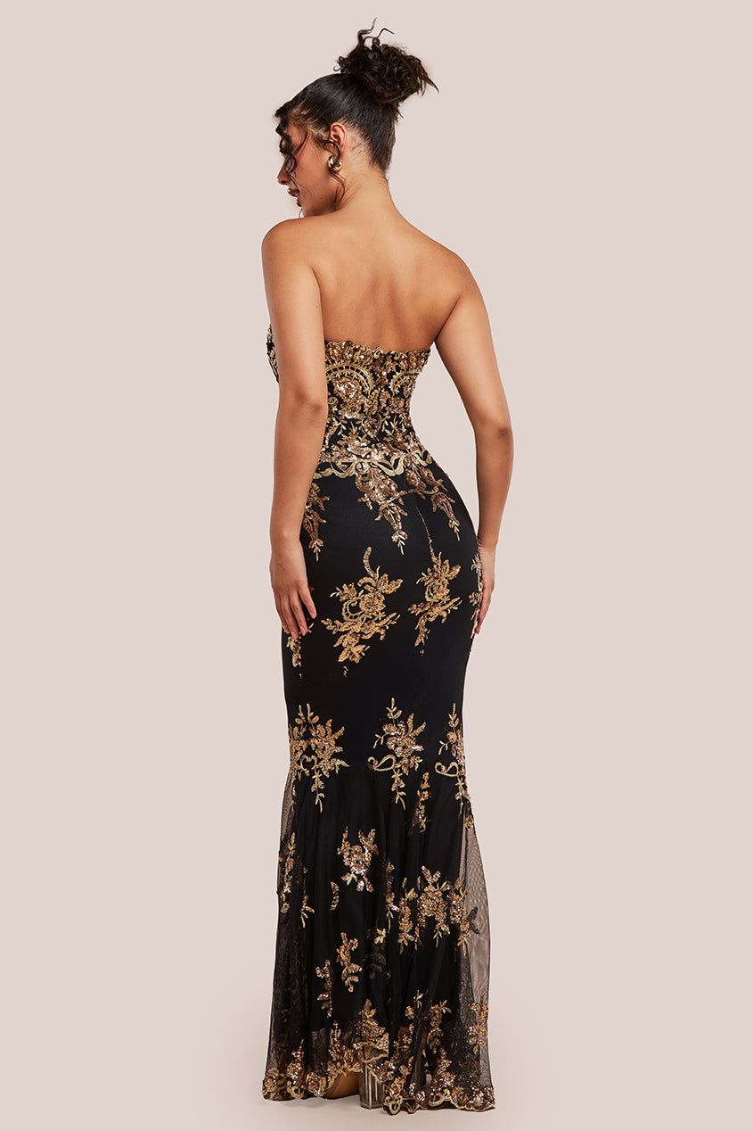 Scallop Bandeau Sequin Mesh Maxi Dress - Black Gold DR966