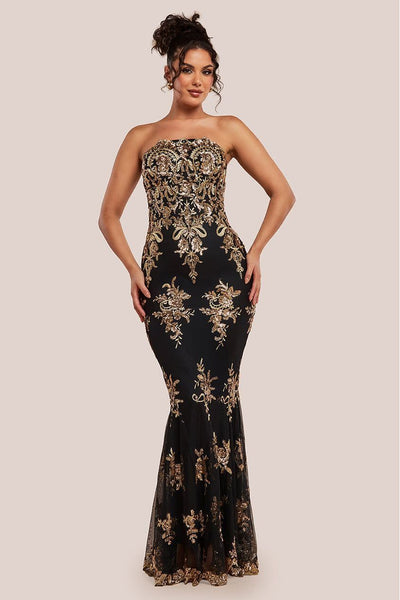 Scallop Bandeau Sequin Mesh Maxi Dress - Black Gold | Goddiva