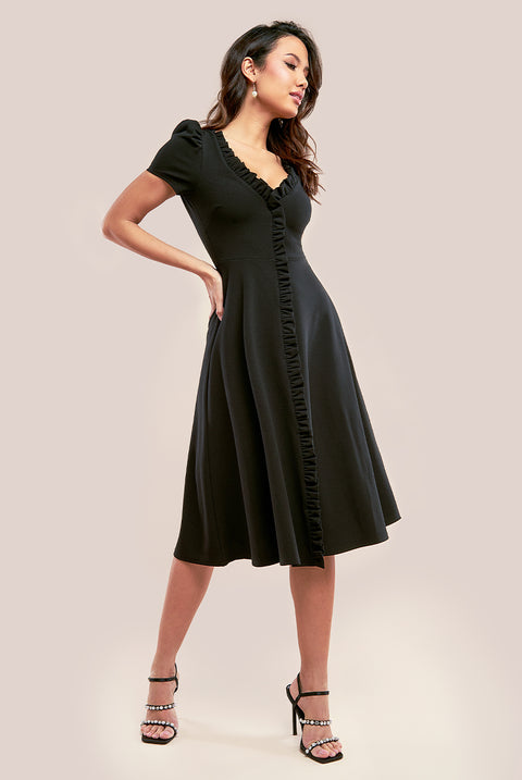 Front Frill Flared Scuba Midi Dress - Black DR3876