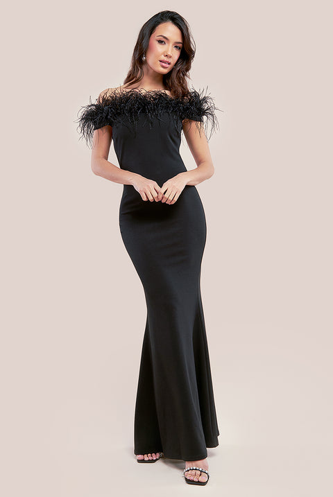 Scuba Off The Shoulder Feather Trim Maxi - Black by Goddiva