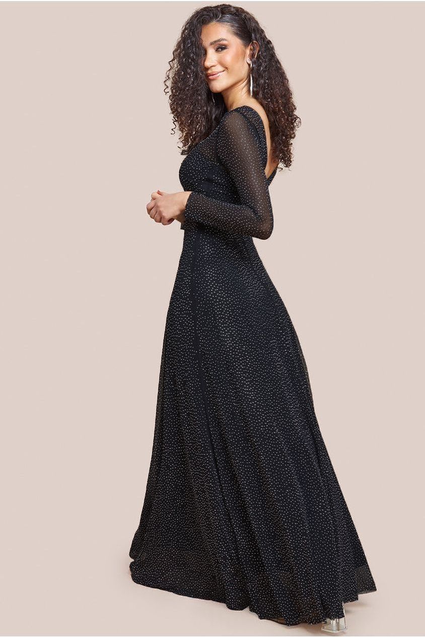 Hotfix Diamante Mesh A-Line Long Sleeve Maxi Dress - Black DR4365