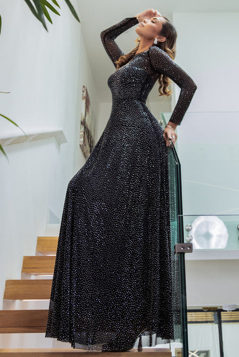 Hotfix Diamante Mesh A-Line Long Sleeve Maxi Dress - Black DR4365