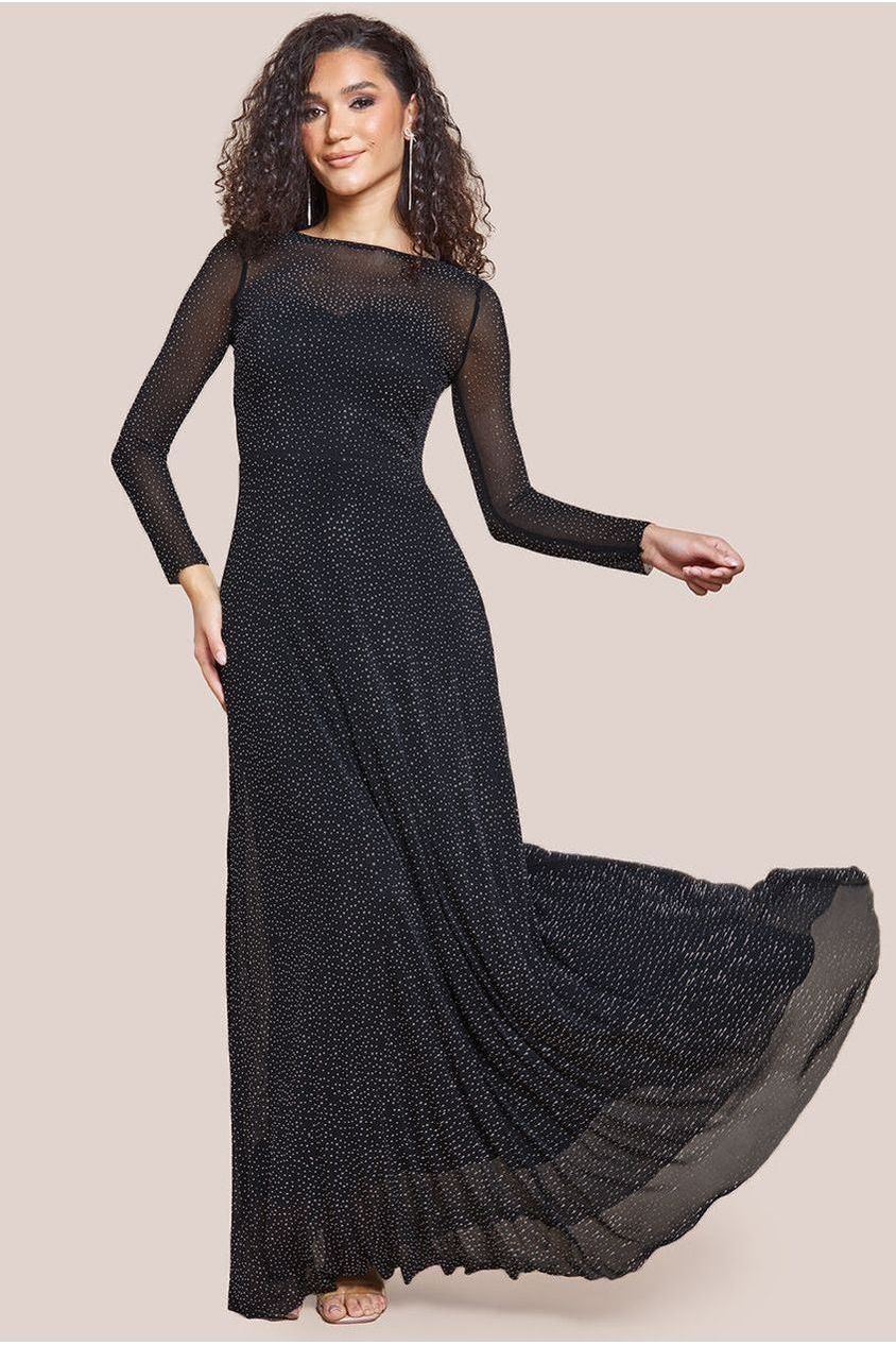 Hotfix Diamante Mesh A-Line Long Sleeve Maxi Dress - Black DR4365