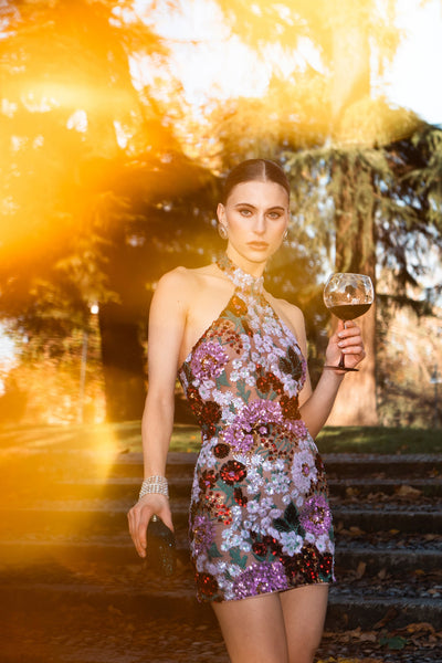 Purple - Polasa Halter Sleeveless Sequins Flower Mini Dress by Bella Barnett