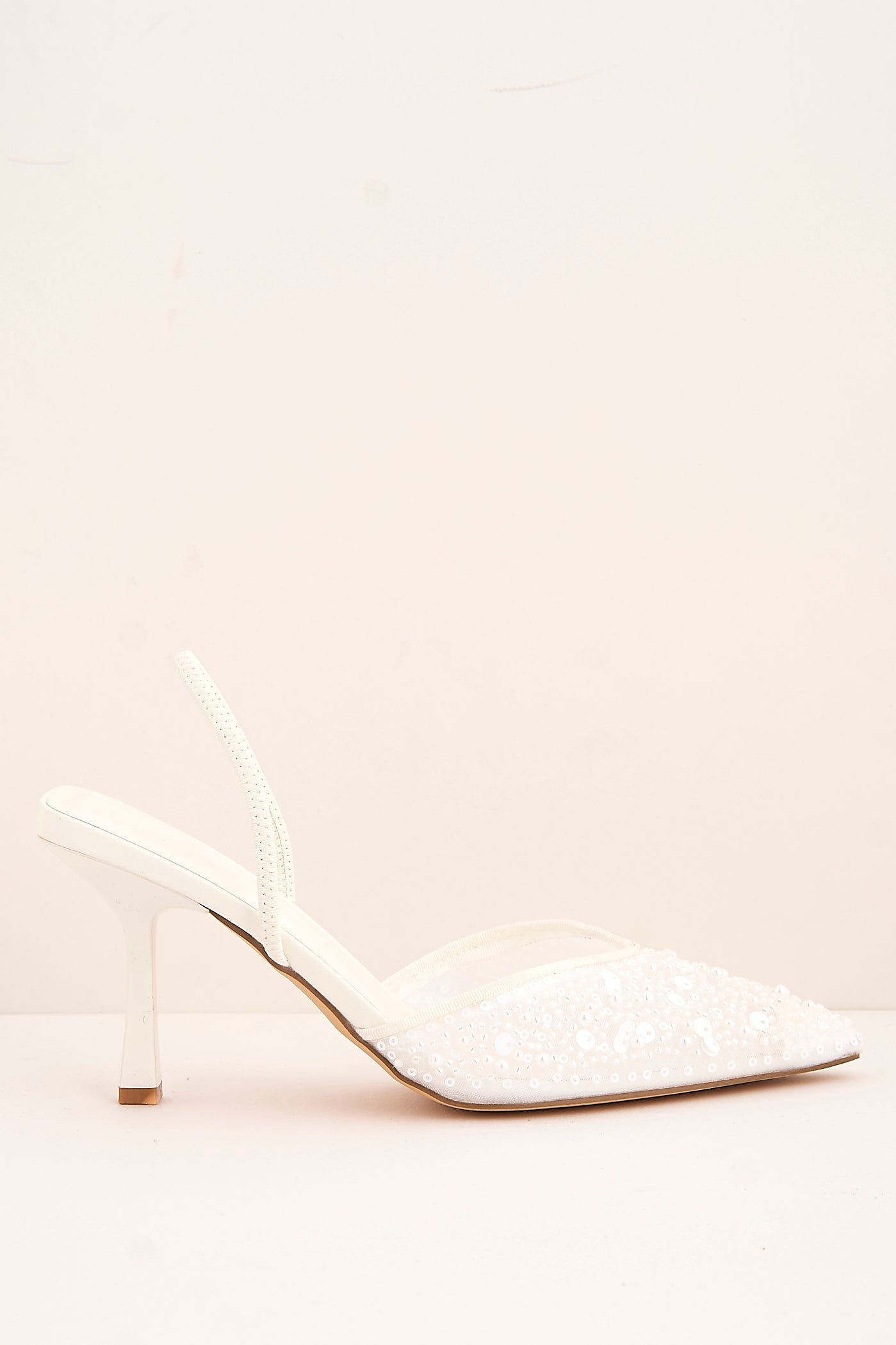 Jasmina Sequin & Bead Embellished Mesh Slingback Court Shoes In White SALADO101-WHT