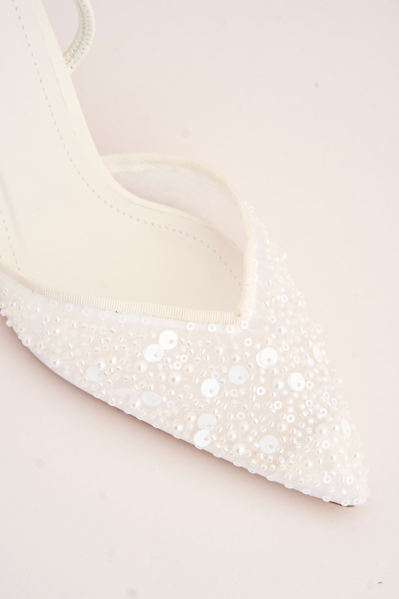 Jasmina Sequin & Bead Embellished Mesh Slingback Court Shoes In White SALADO101-WHT