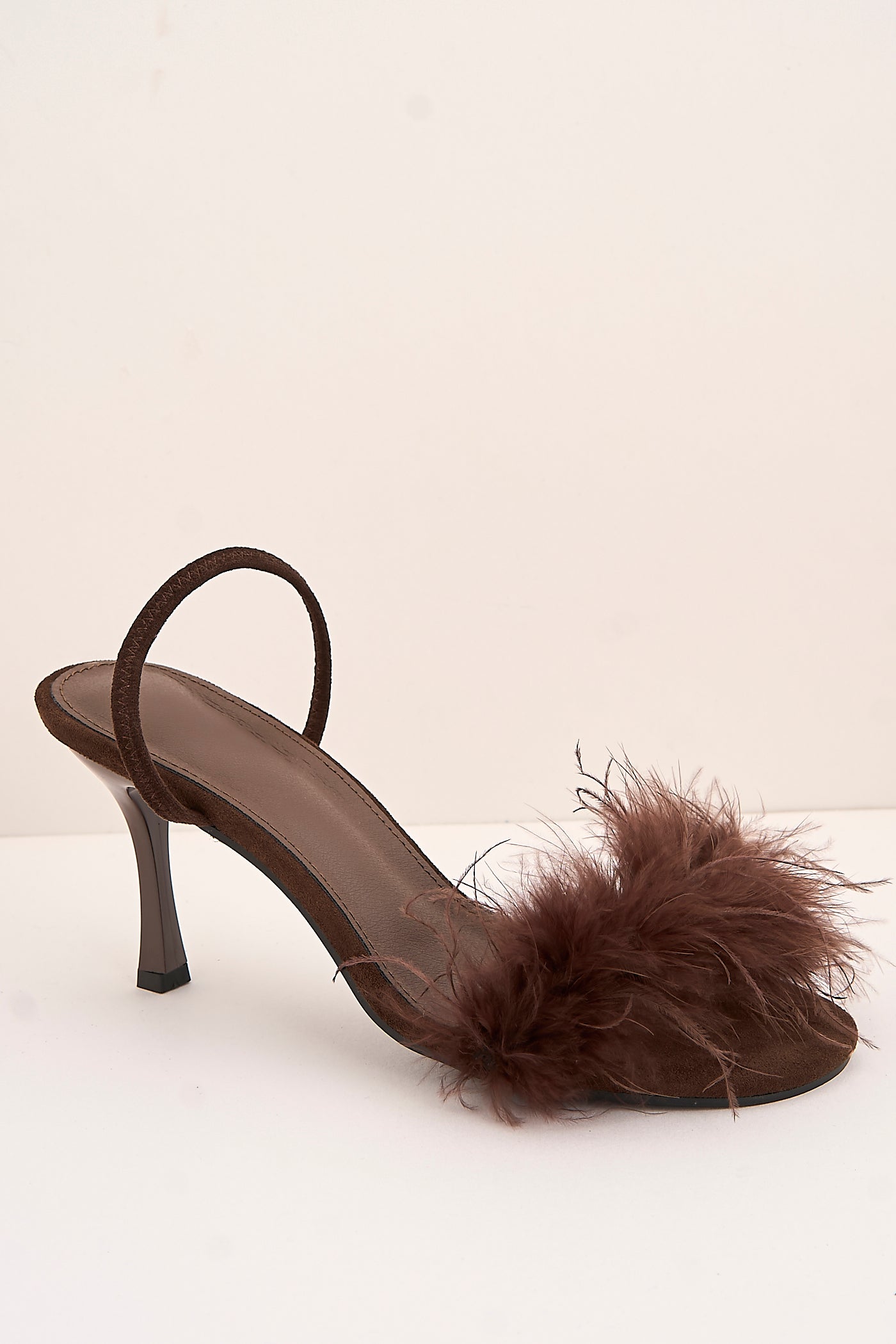 Margot Feathered Trim Band Slingback Heeled Sandals In Brown P-1487-BRN