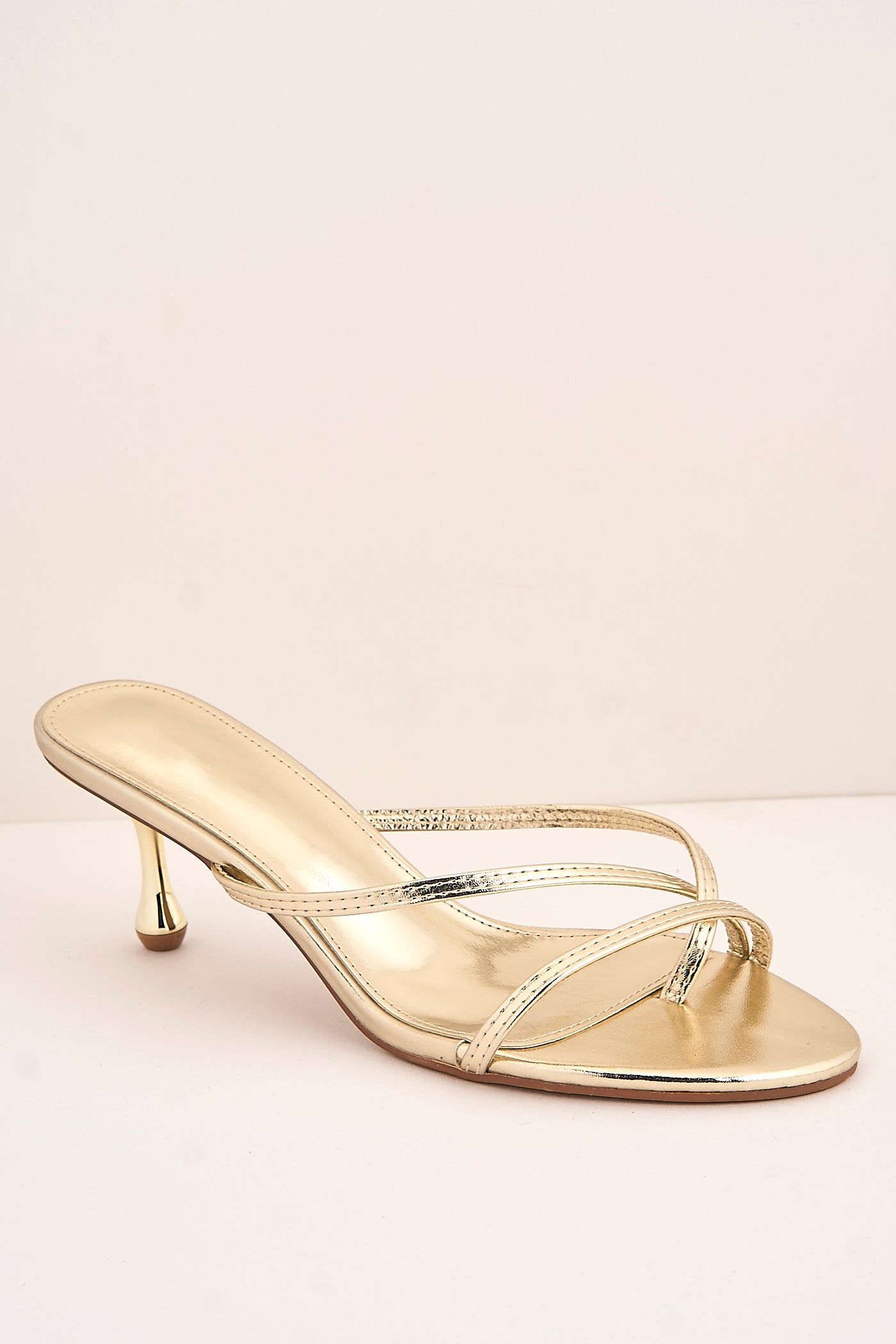 Sylvia Toepost Strappy Slip On Kitten Heel Mules In Gold XL-6-GOL