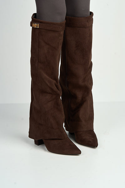 Chocolate - Ayma Knee High Block Heel Gold Trim Buckle Collar Boot In Chocolate by Miss Diva