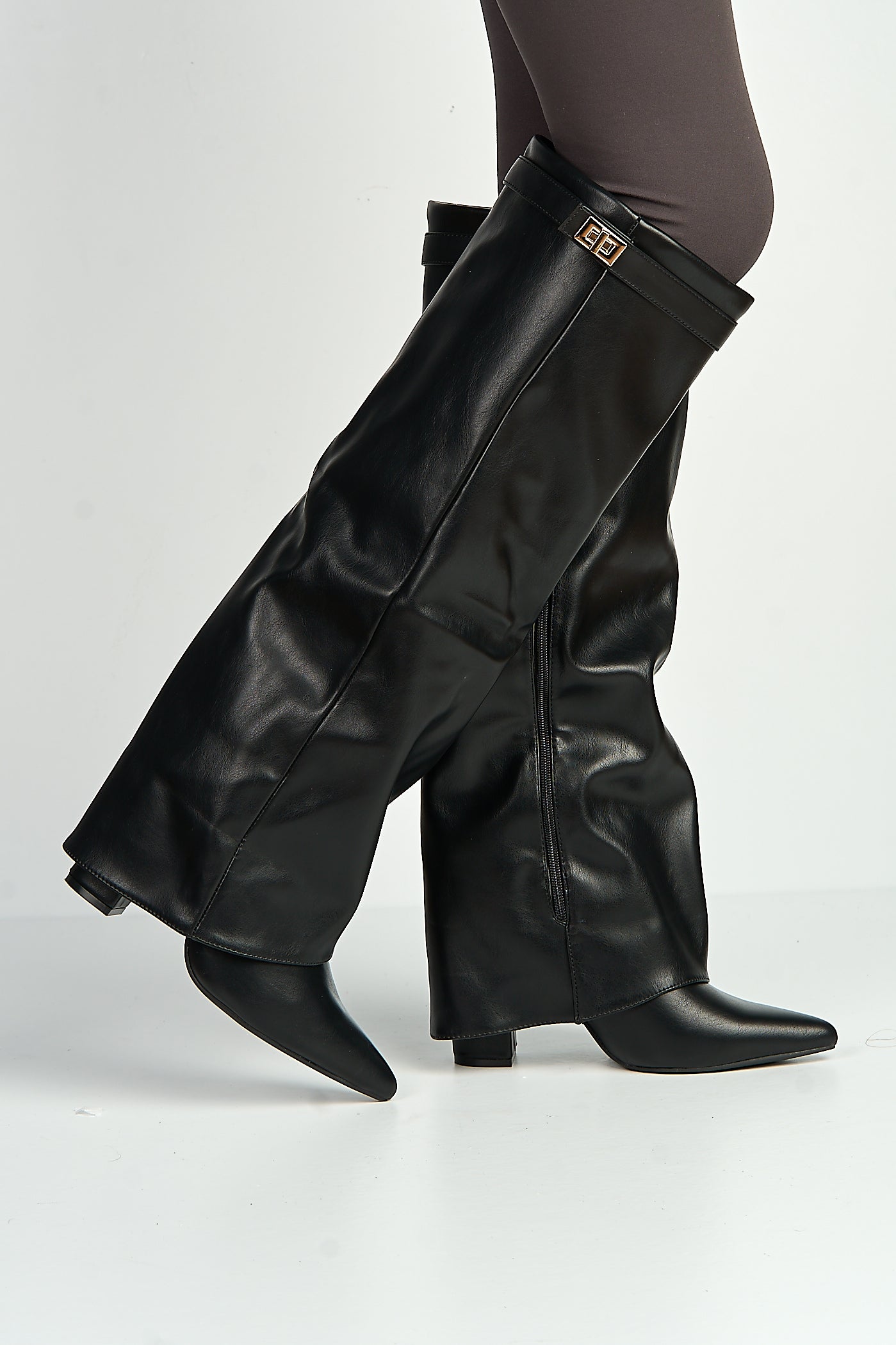 Ayma Knee High Block Heel Gold Trim Buckle Collar Boot In Black Matt RANGER11-BLKMT