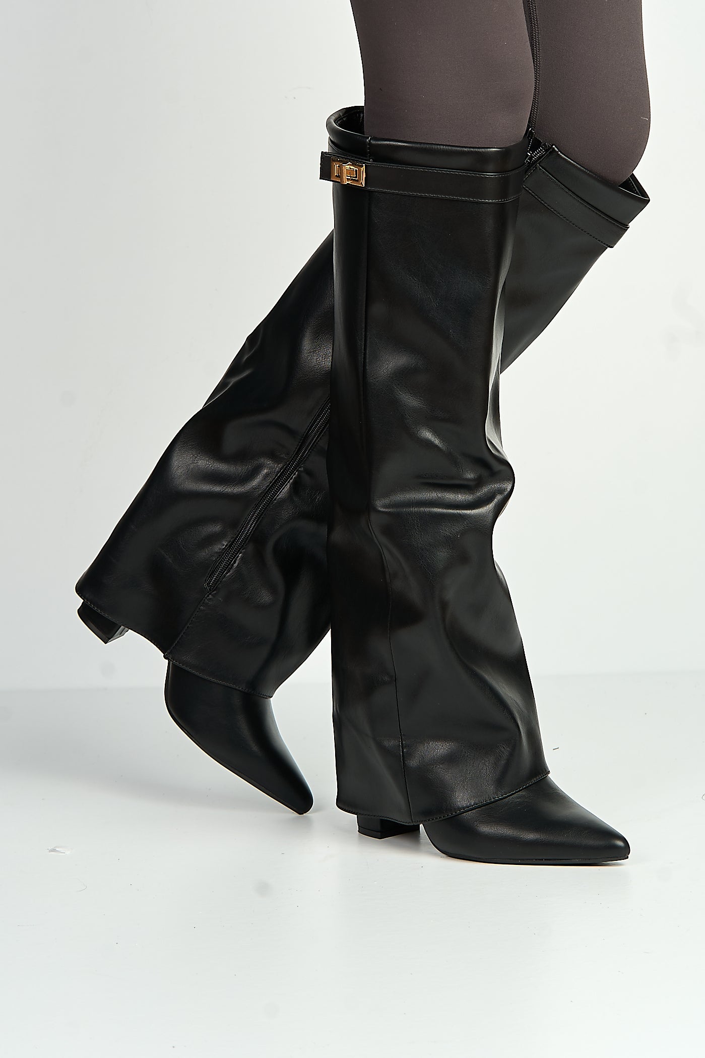 Ayma Knee High Block Heel Gold Trim Buckle Collar Boot In Black Matt RANGER11-BLKMT