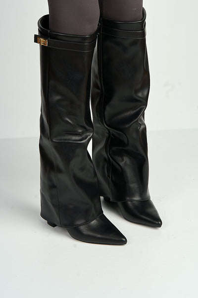 Black - Ayma Knee High Block Heel Gold Trim Buckle Collar Boot In Black Matt by Miss Diva