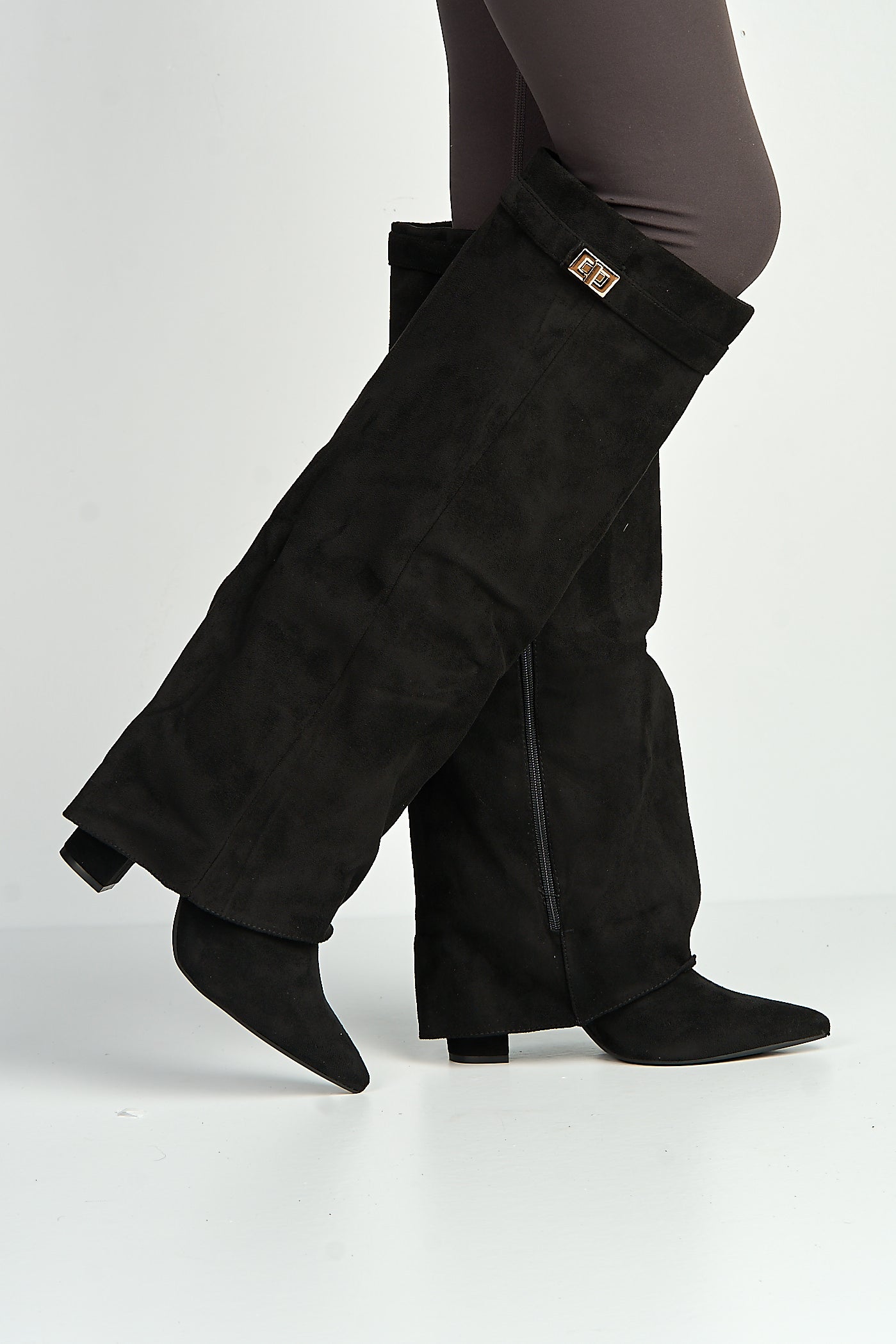 Ayma Knee High Block Heel Gold Trim Buckle Collar Boot In Black Suede RANGER11-BLKSU