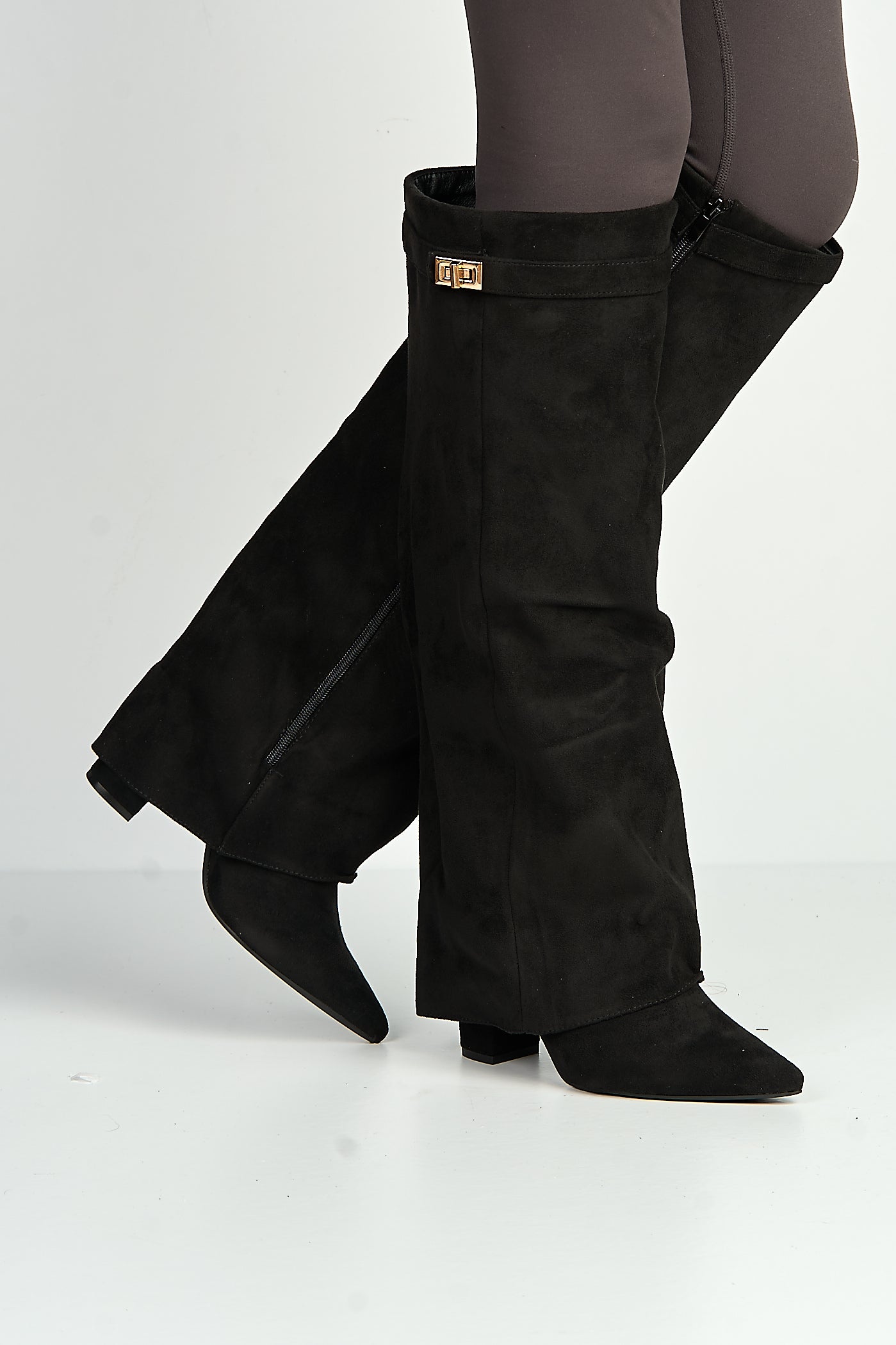 Ayma Knee High Block Heel Gold Trim Buckle Collar Boot In Black Suede RANGER11-BLKSU