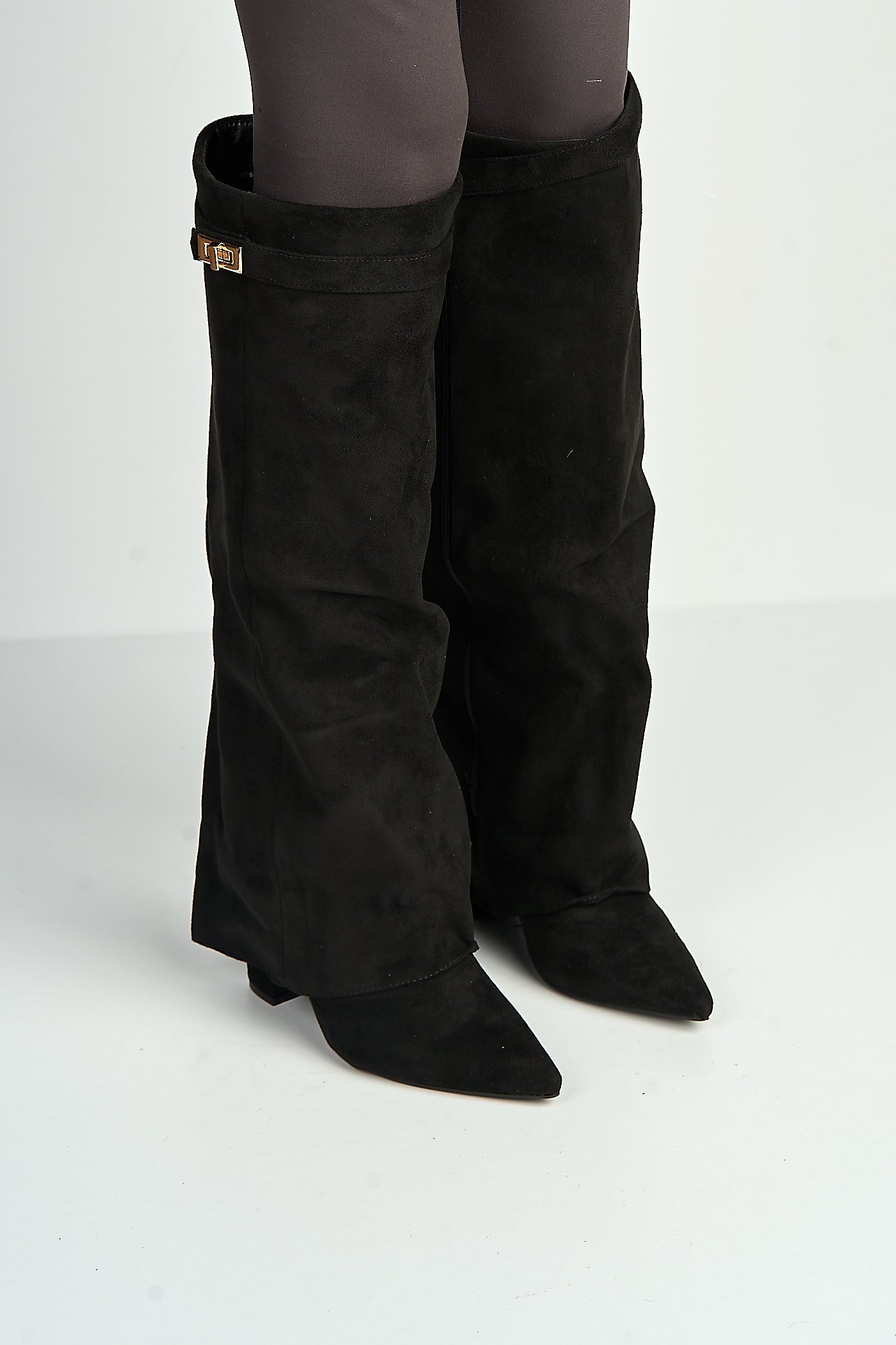 Ayma Knee High Block Heel Gold Trim Buckle Collar Boot In Black Suede RANGER11-BLKSU