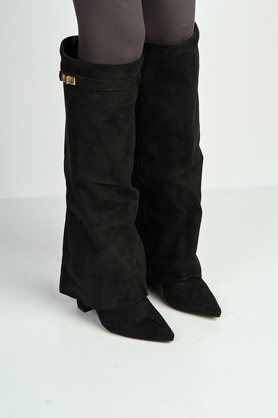 Black - Ayma Knee High Block Heel Gold Trim Buckle Collar Boot In Black Suede by Miss Diva