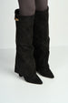 Ayma Knee High Block Heel Gold Trim Buckle Collar Boot In Black Suede by Miss Diva
