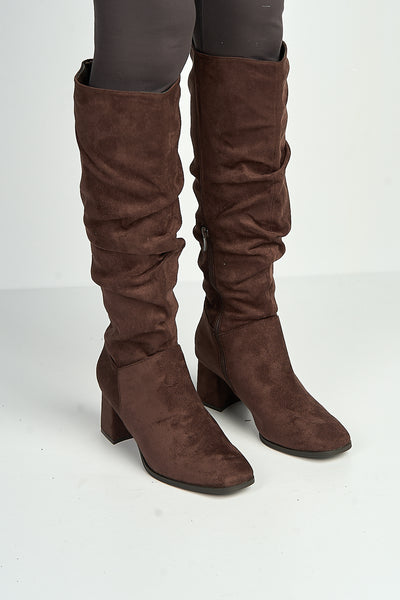 Chocolate - Giana Rouched Block Heel Knee High Boots In Chocolate by Miss Diva