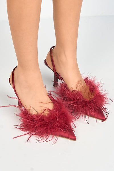 Red - Aisla Pointed Toe Feather Slingback Court Shoes In Red by Miss Diva