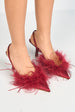 Aisla Pointed Toe Feather Slingback Court Shoes In Red by Miss Diva