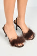 Margot Feathered Trim Band Slingback Heeled Sandals In Brown by Miss Diva