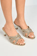 Elsie Gemstone Embellished Crossover Strap Kitten Heel Mules In Gold by Miss Diva