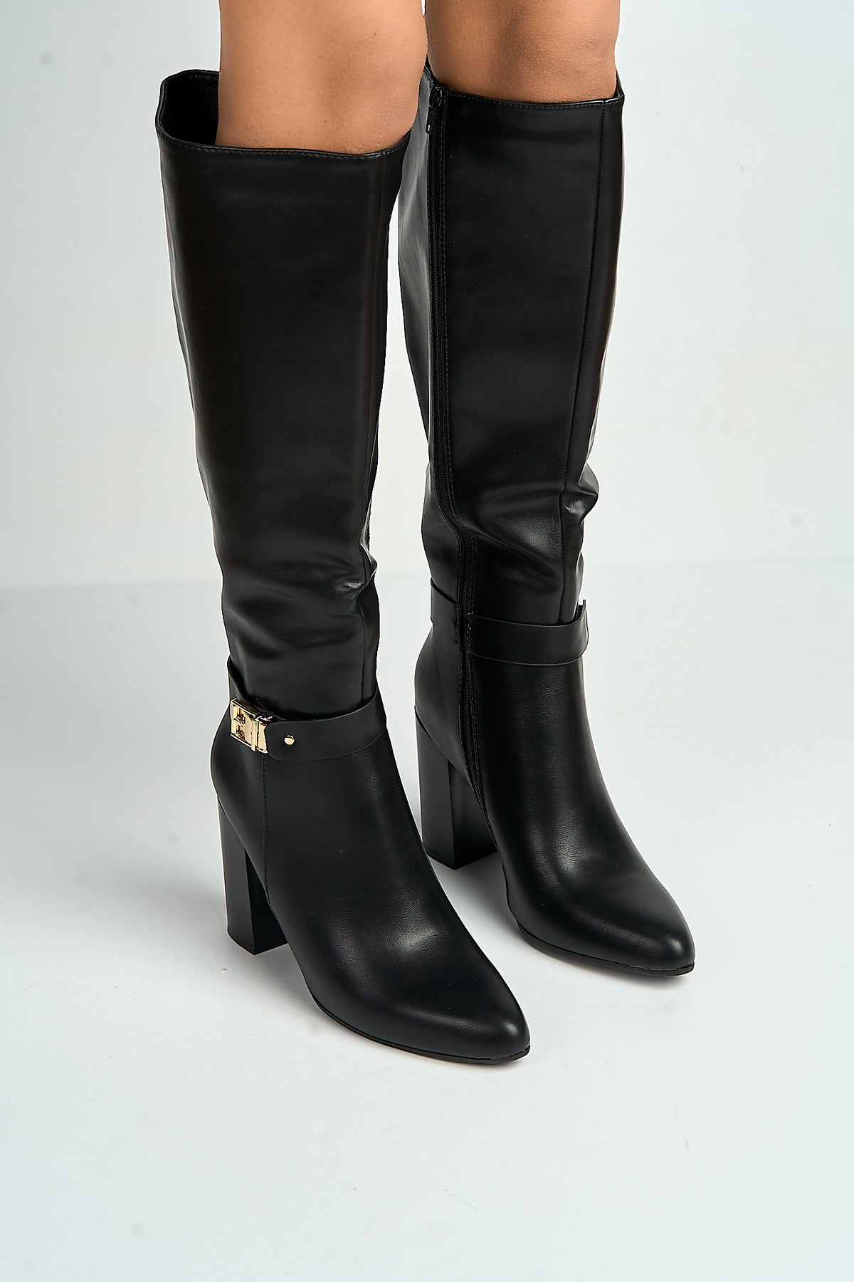 Emilia Gold Buckle Block Heel Knee High Boots In Black MARS60-BLKMT