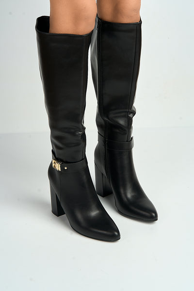 Black - Emilia Gold Buckle Block Heel Knee High Boots In Black by Miss Diva