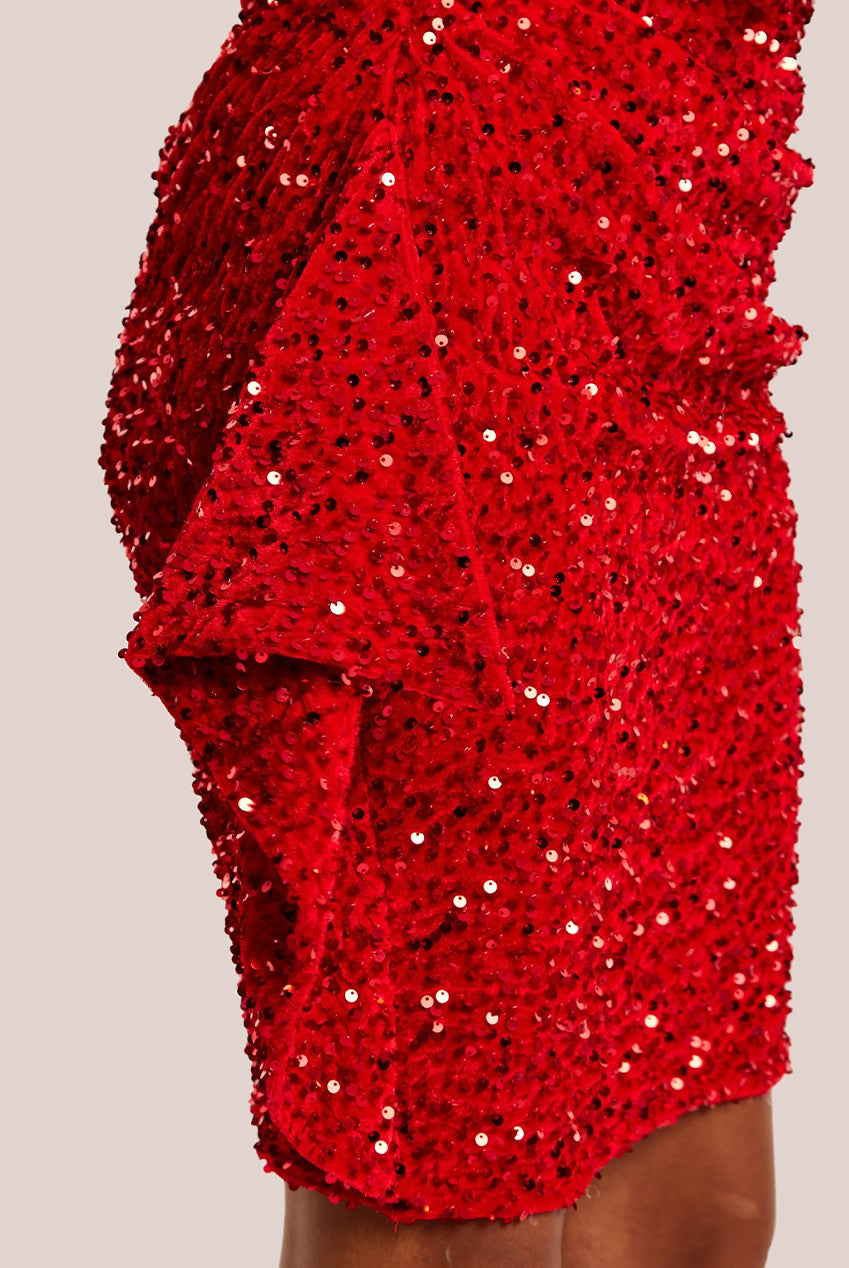 Red Sequin Velvet One Shoulder Mini Dress E0-LIQ23AW018