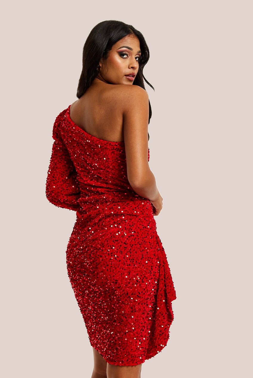 Red Sequin Velvet One Shoulder Mini Dress E0-LIQ23AW018