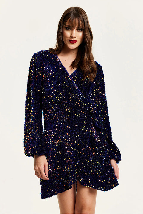 Royal Blue Velvet Based Multicolour Sequin Mini Wrap Dress by Liquorish