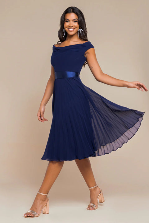 Cowl Neck Pleated A-Line Chiffon Midi Dress - Navy Blue by Goddiva